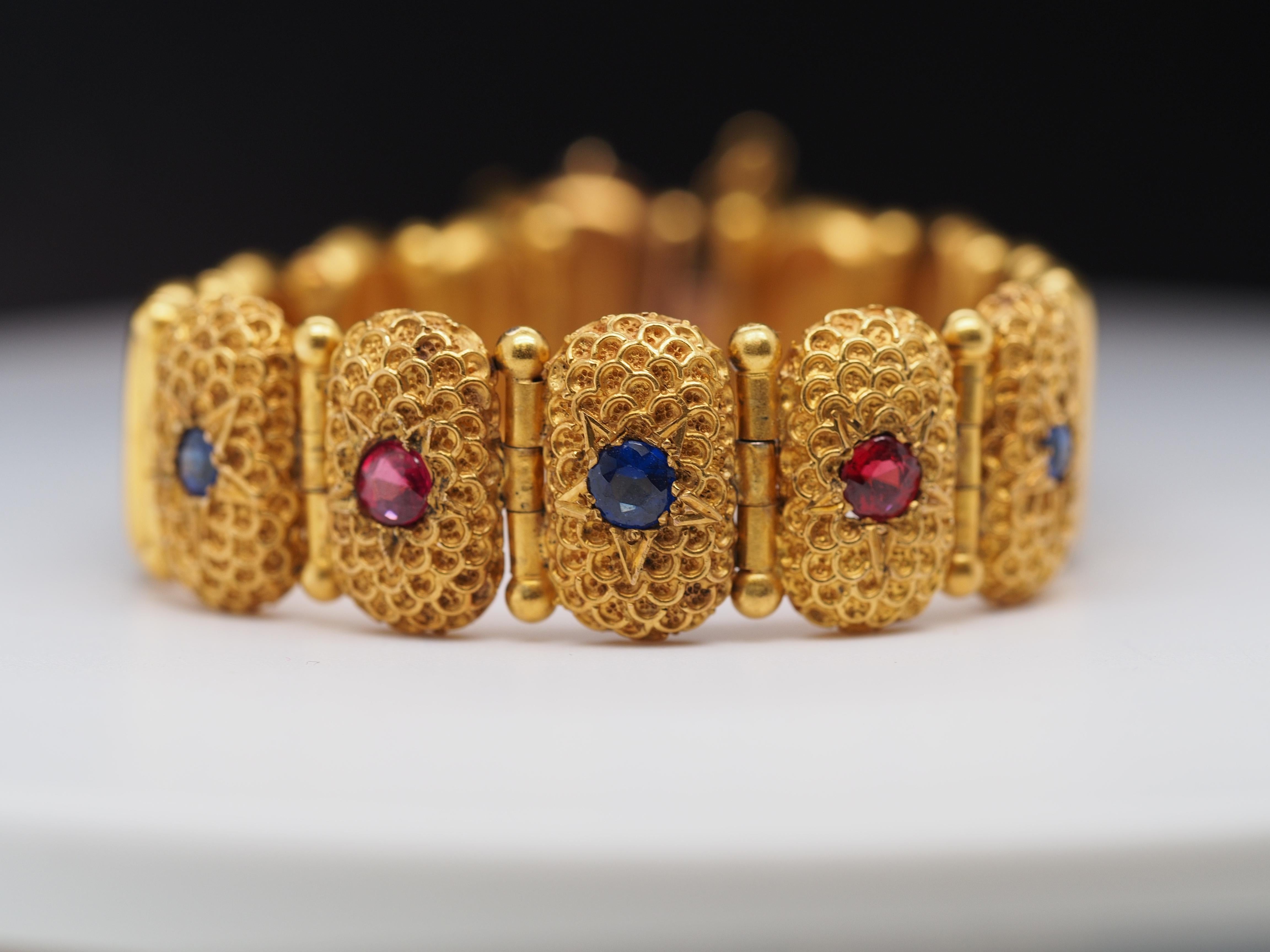 Women's or Men's 14k Yellow Gold Victorian Bracelet with Color Stones For Sale
