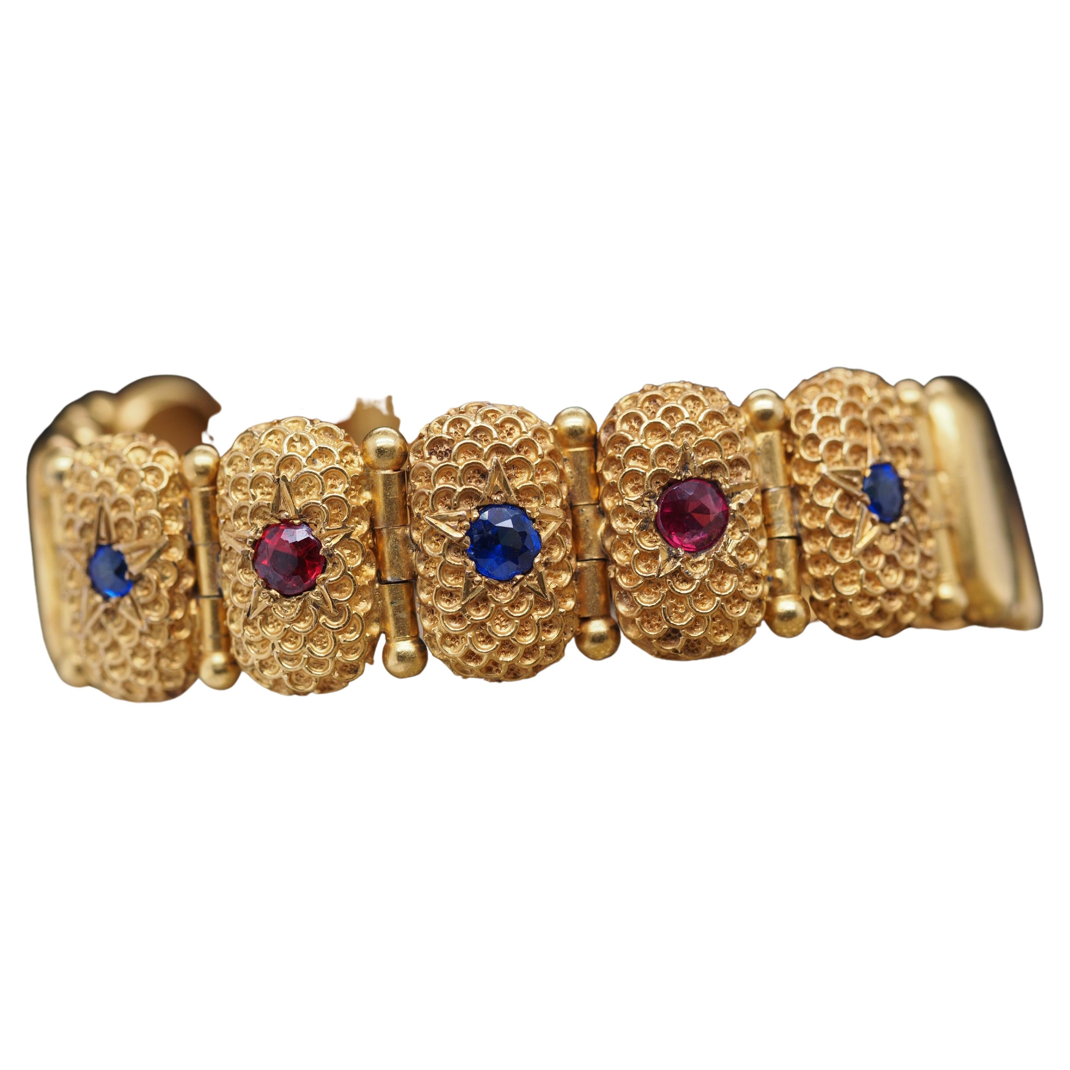 14k Yellow Gold Victorian Bracelet with Color Stones For Sale