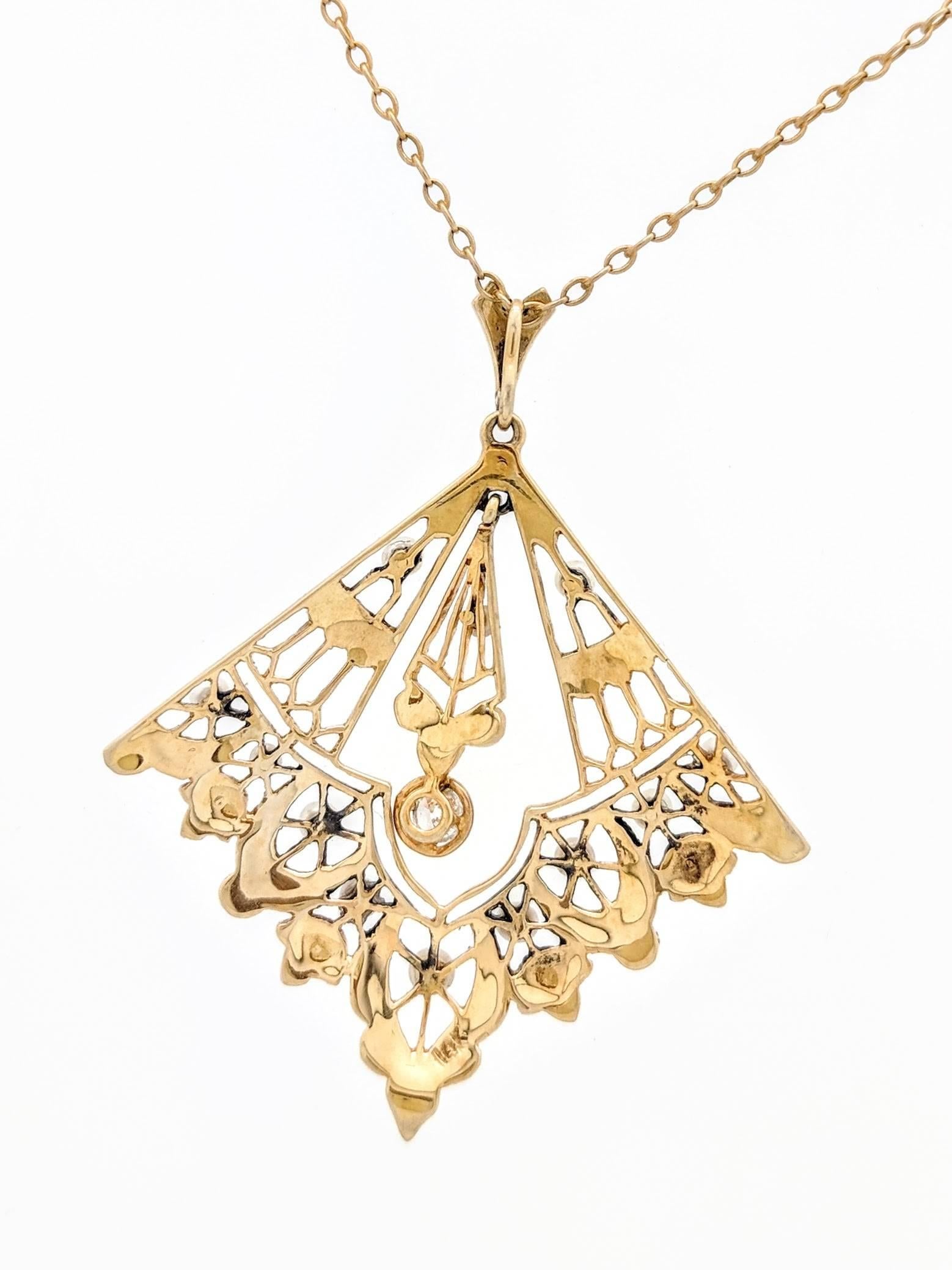 Women's 14 Karat Yellow Gold Victorian Diamond and Seed Pearl Pendant Necklace