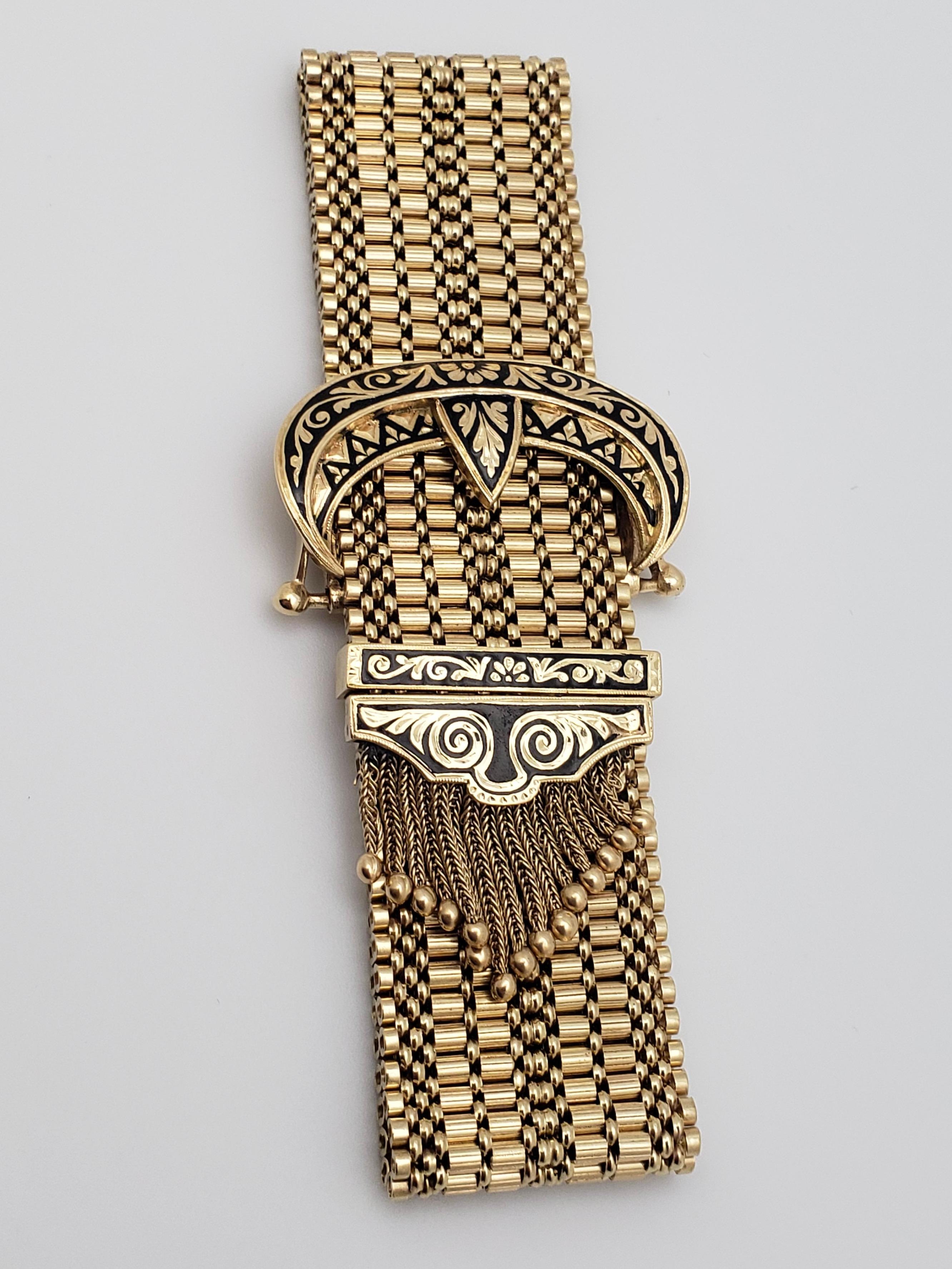 Women's 14K Yellow Gold Victorian Enamel Tassel Slide Bracelet For Sale