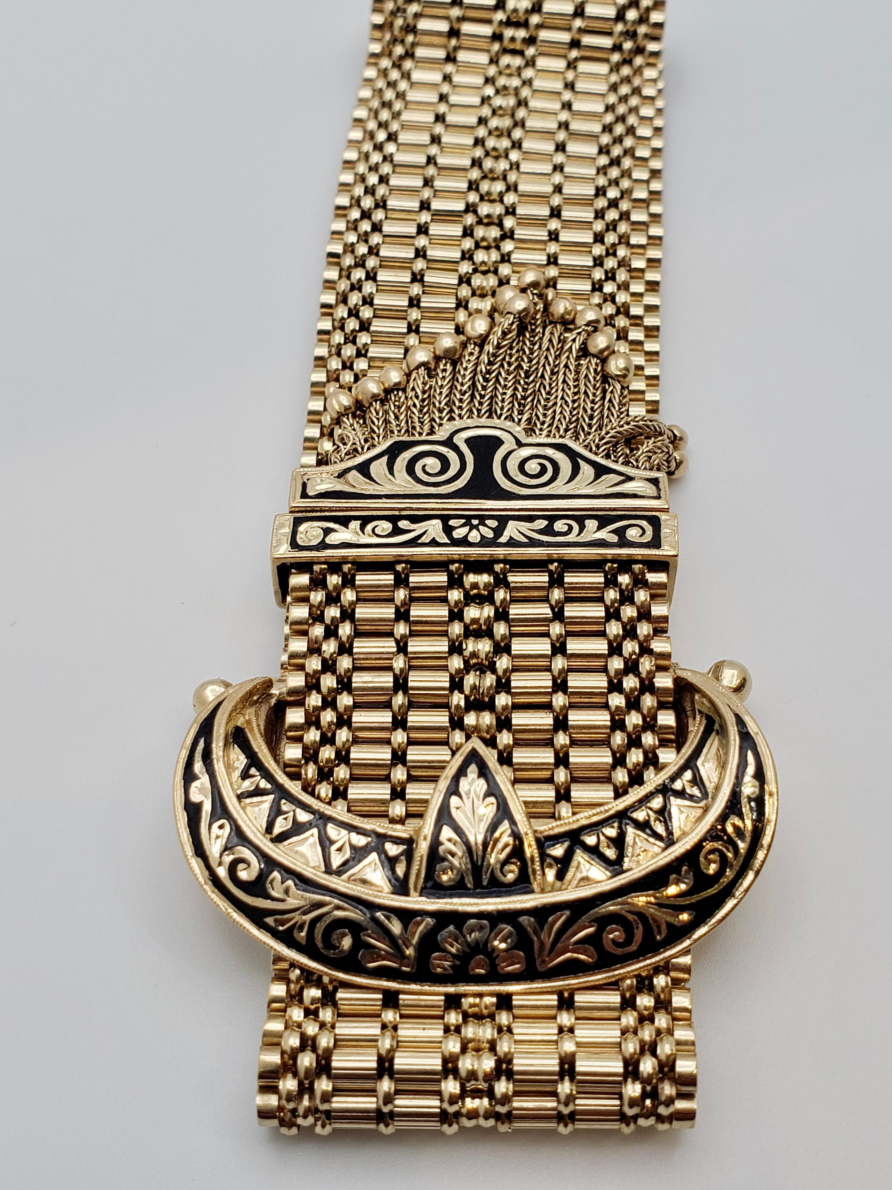 14K Yellow Gold Victorian Enamel Tassel Slide Bracelet For Sale 4