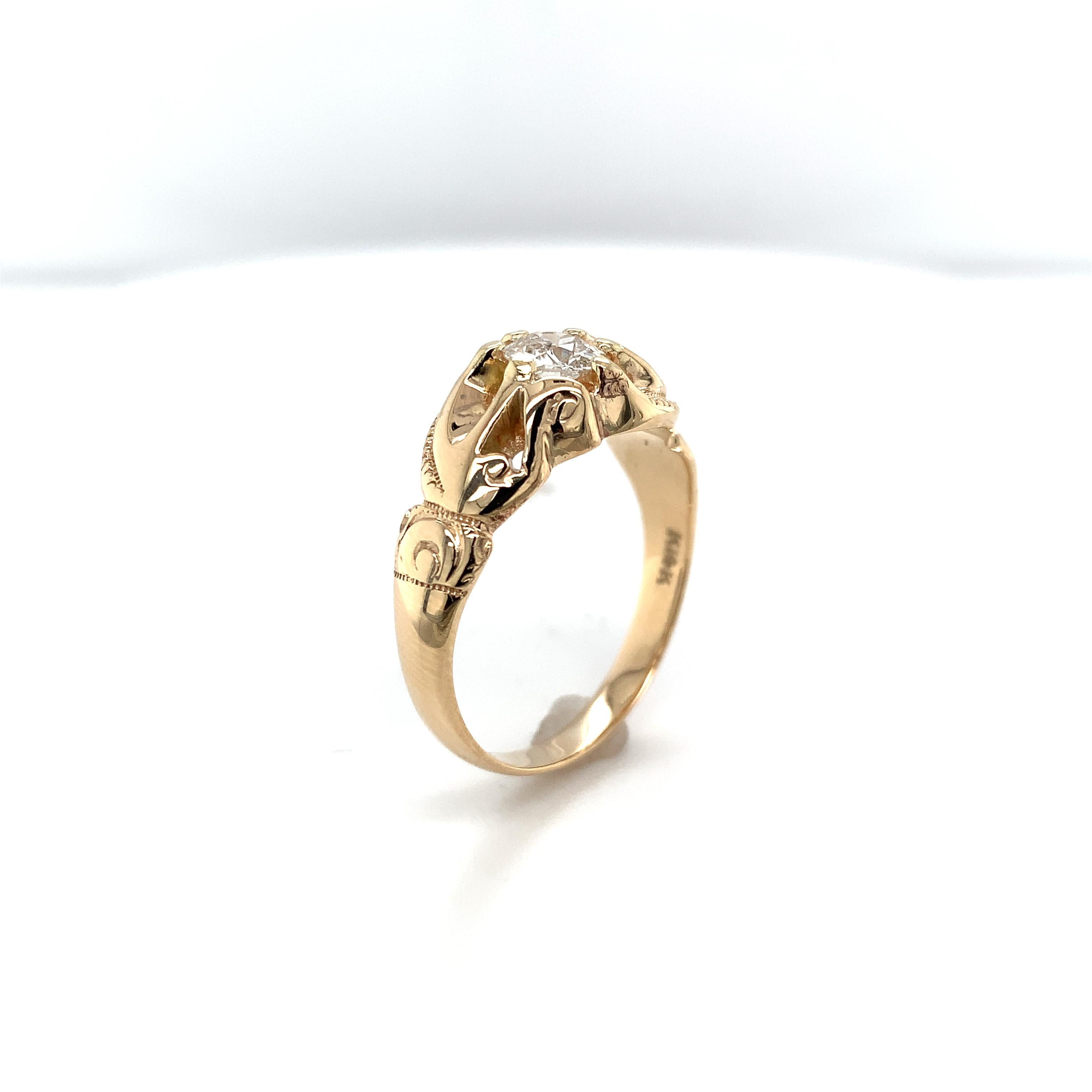Old European Cut 14K Yellow Gold Victorian Fancy Belcher .50ct Diamond Men's Ring For Sale