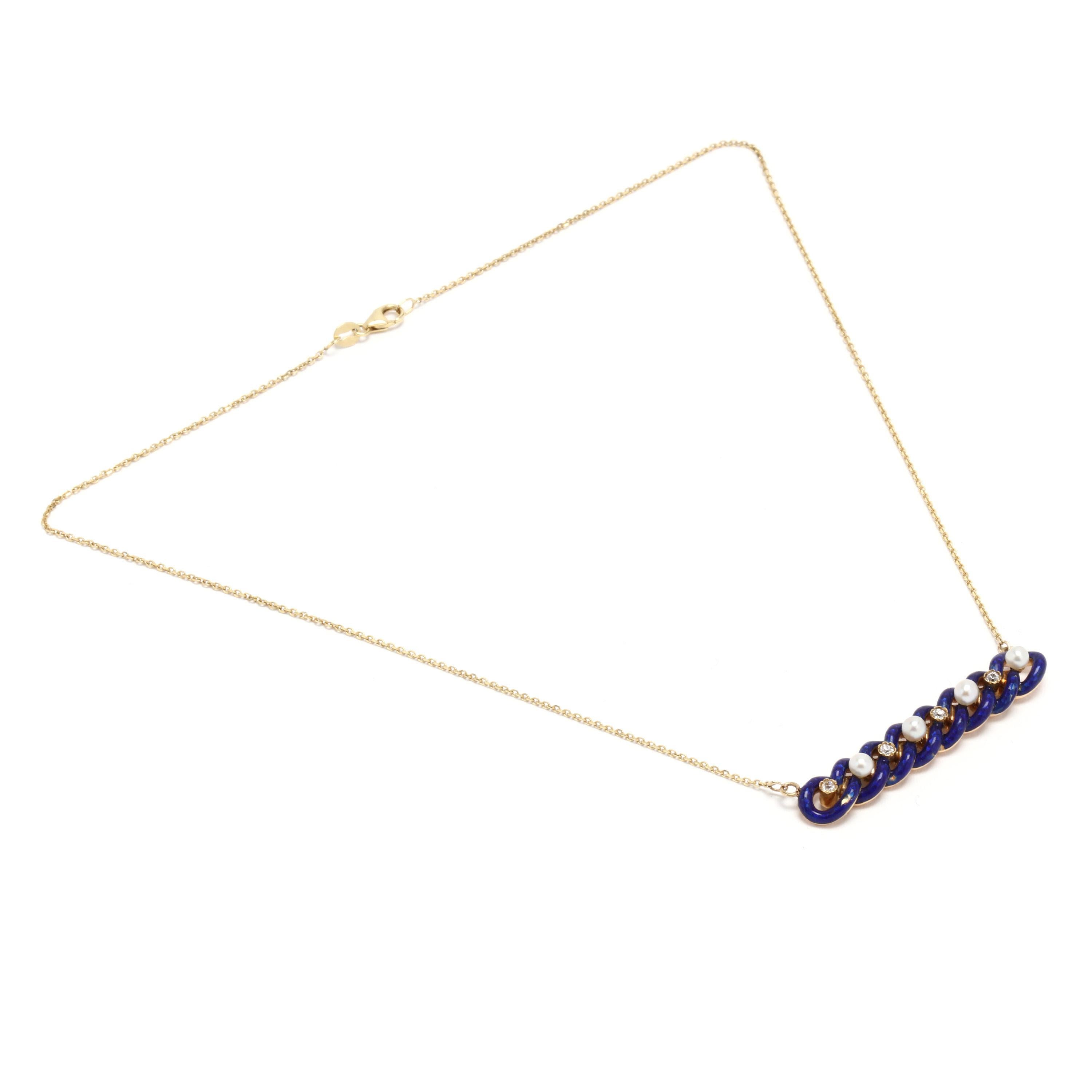 Old European Cut 14k Yellow Gold Victorian Pearl, Diamond & Blue Enamel Conversion Necklace