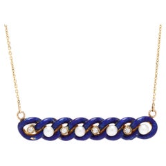 14k Yellow Gold Victorian Pearl, Diamond & Blue Enamel Conversion Necklace