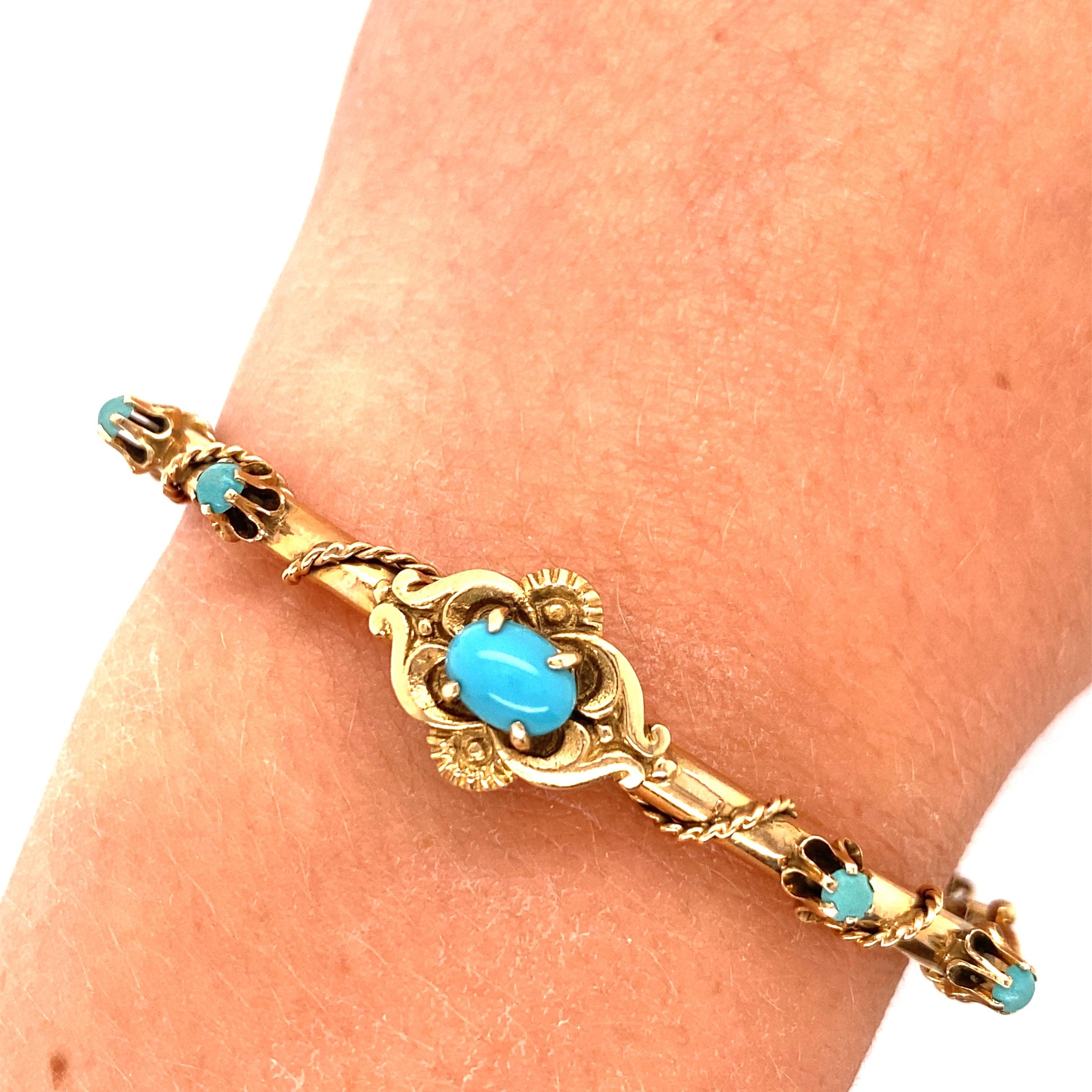 Cabochon 14K Yellow Gold Victorian Reproduction Bangle Bracelet with Turquoise For Sale