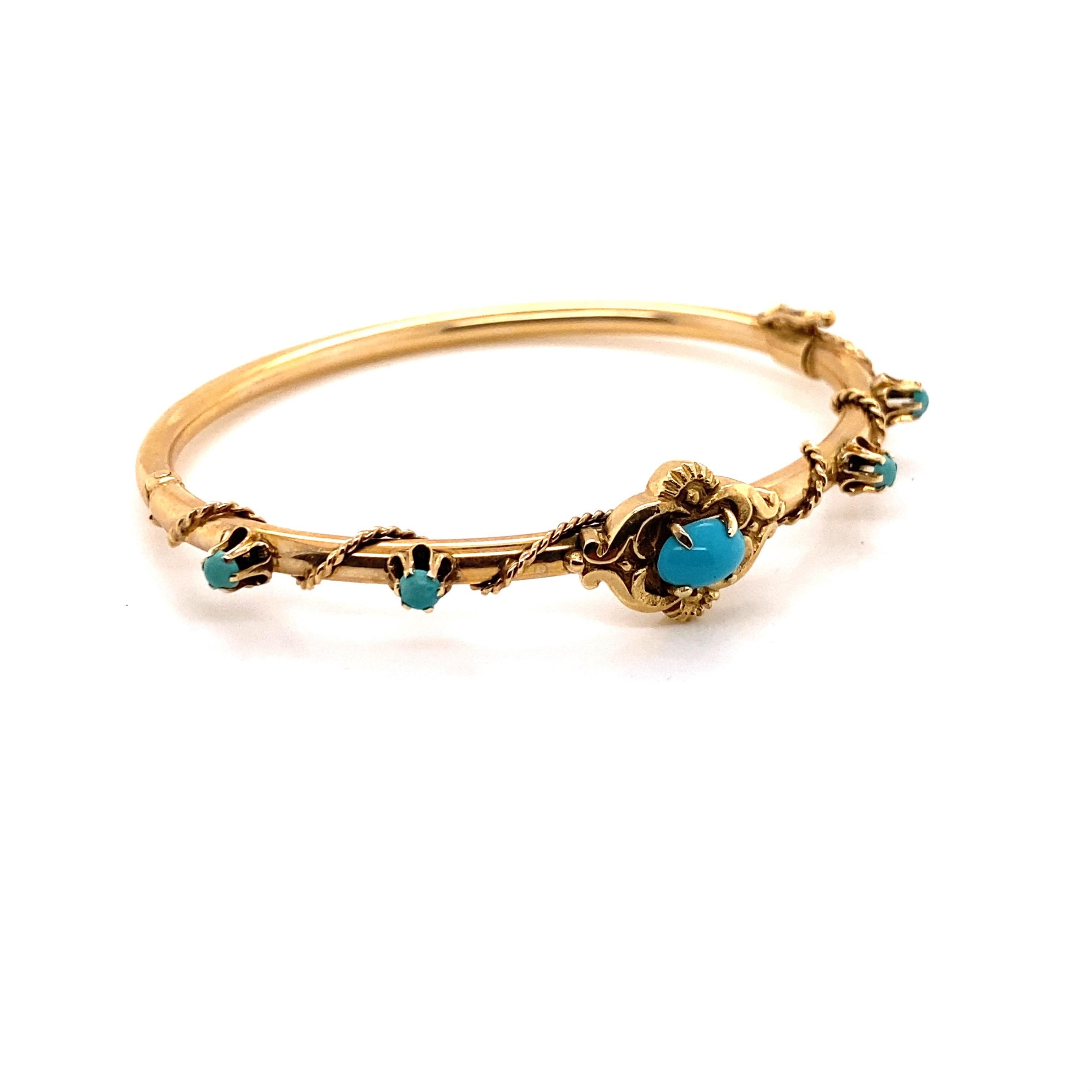 14K Yellow Gold Victorian Reproduction Bangle Bracelet with Turquoise In Good Condition For Sale In Boston, MA
