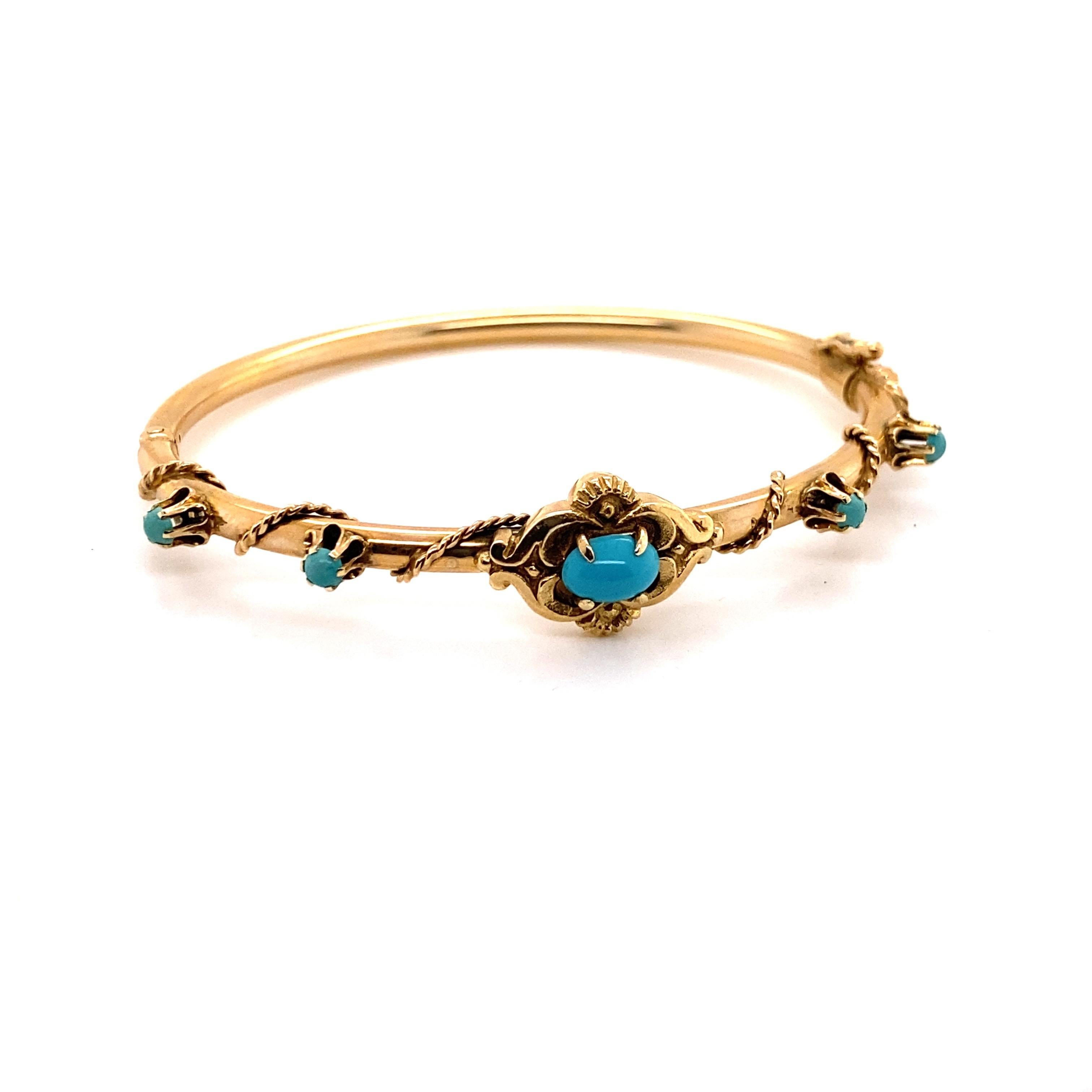 Women's 14K Yellow Gold Victorian Reproduction Bangle Bracelet with Turquoise For Sale