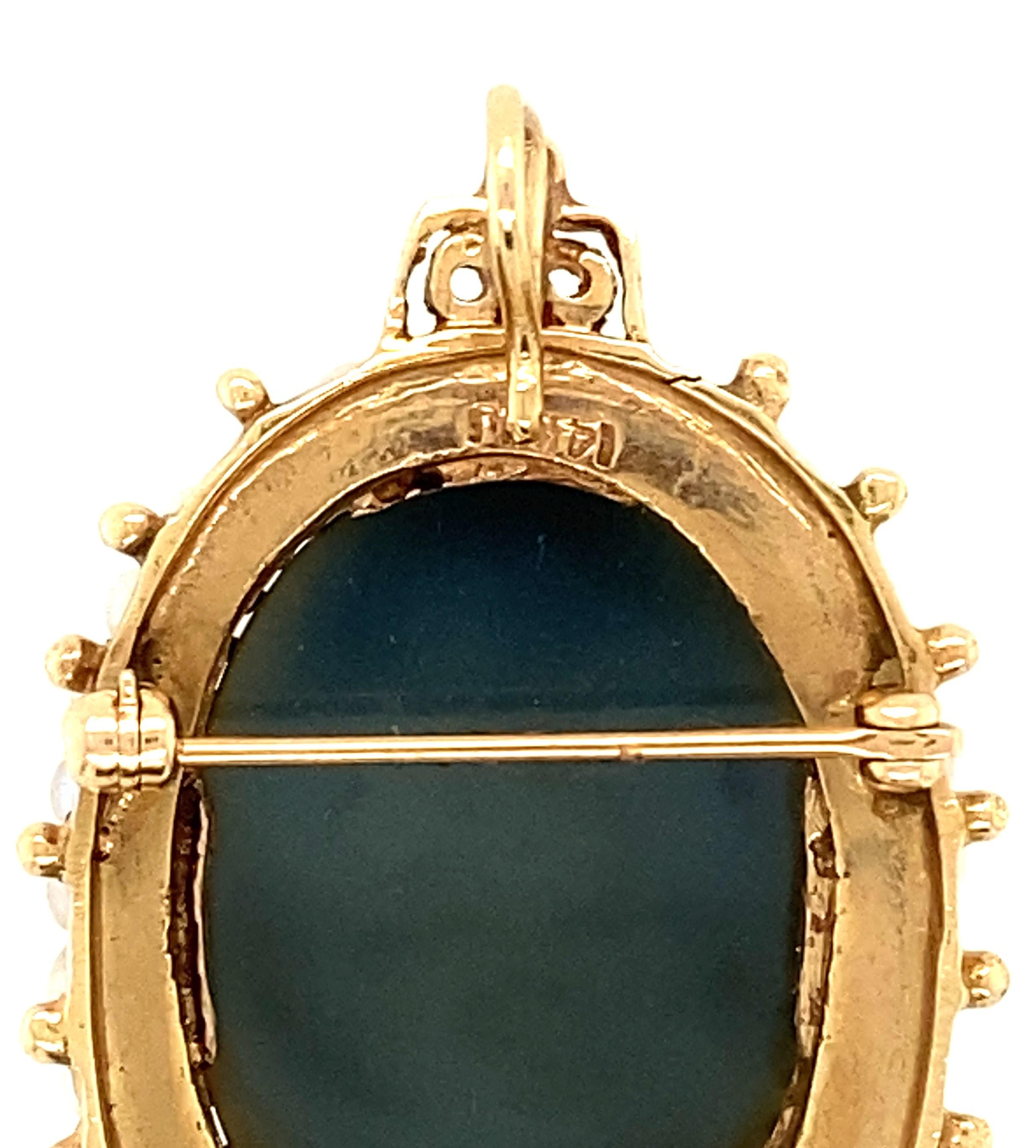 Women's or Men's 14K Yellow Gold Victorian Revival Hardstone and Pearl Cameo Brooch/Pendant 1960s