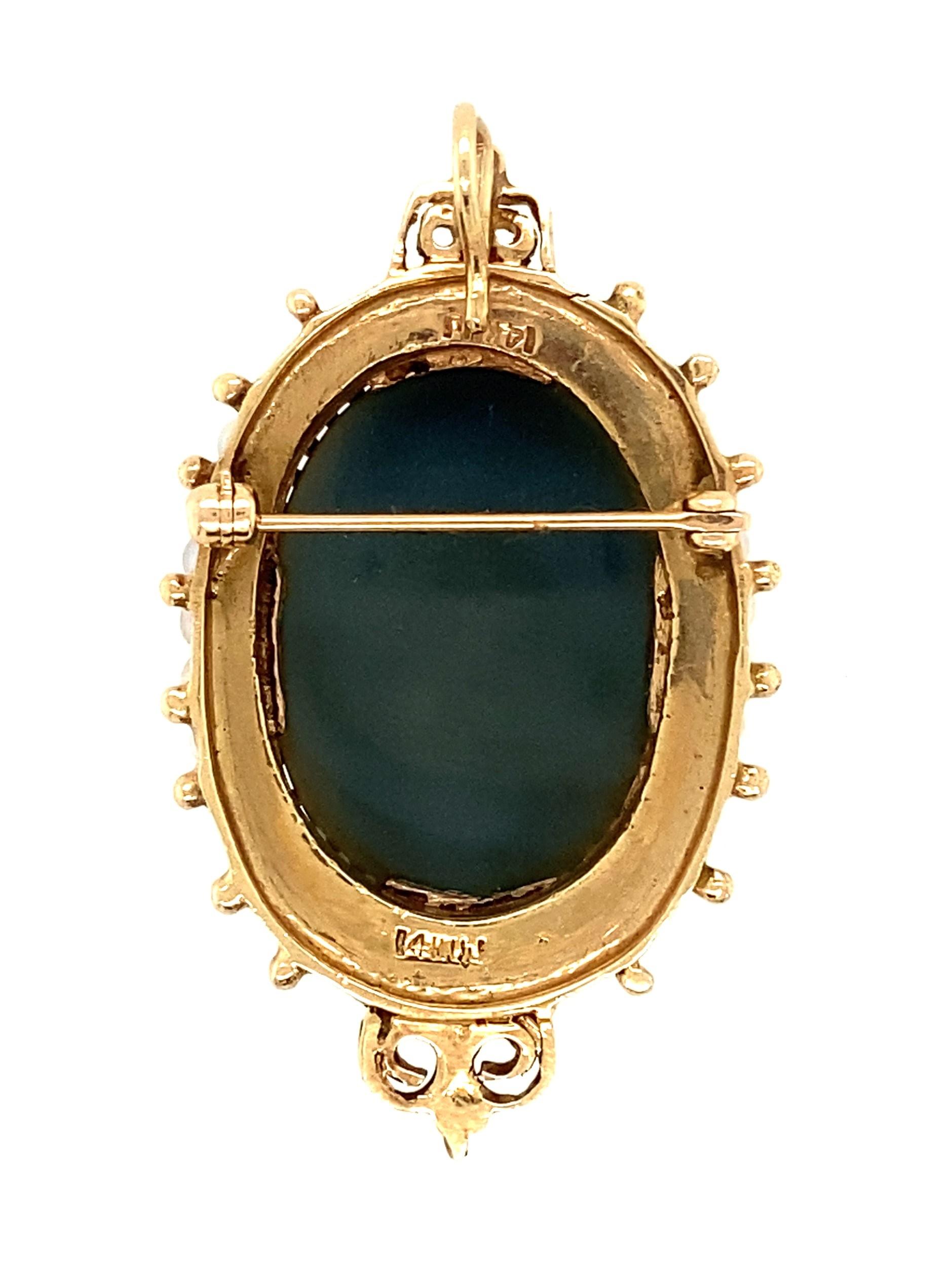 14K Yellow Gold Victorian Revival Hardstone and Pearl Cameo Brooch/Pendant 1960s 1