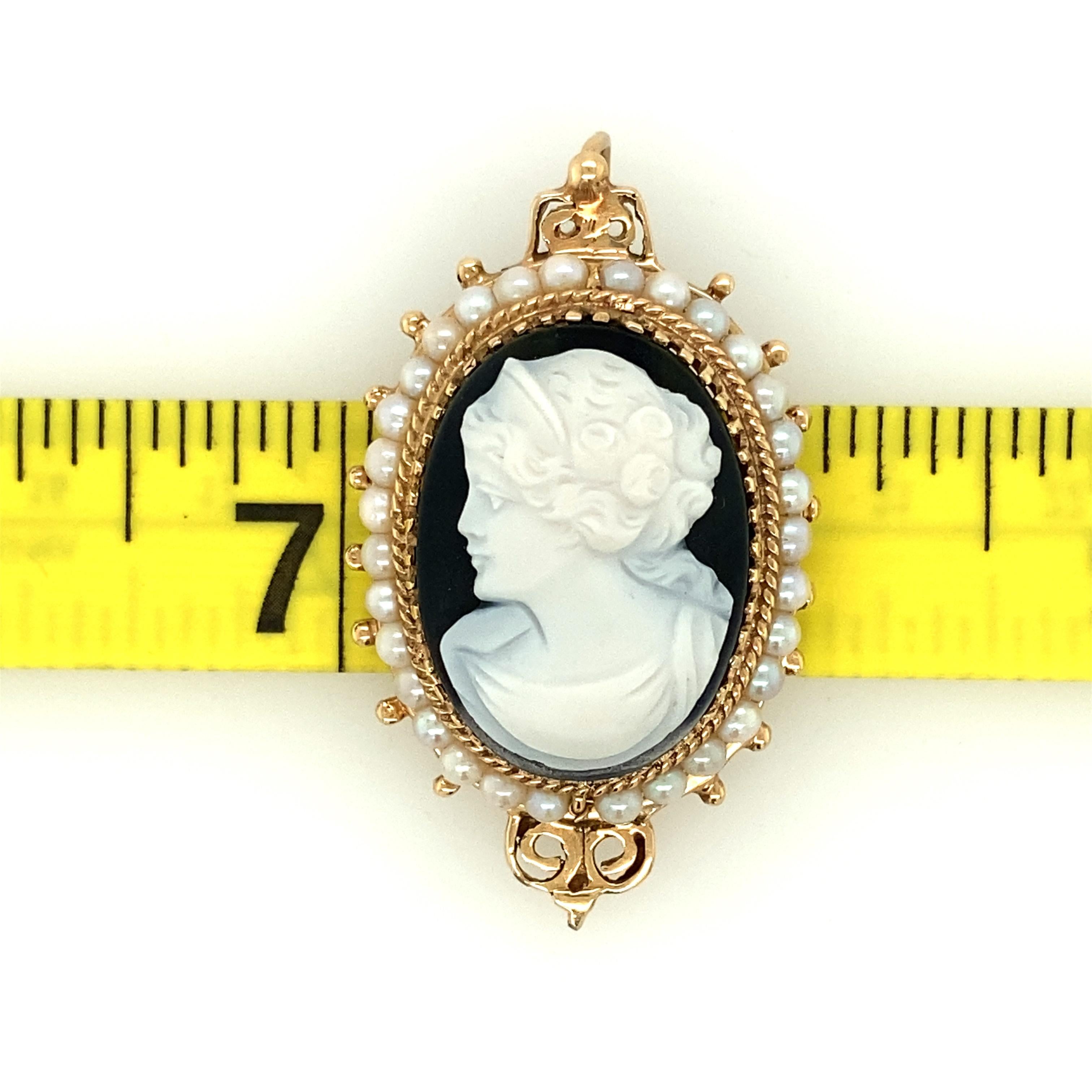 14K Yellow Gold Victorian Revival Hardstone and Pearl Cameo Brooch/Pendant 1960s 2