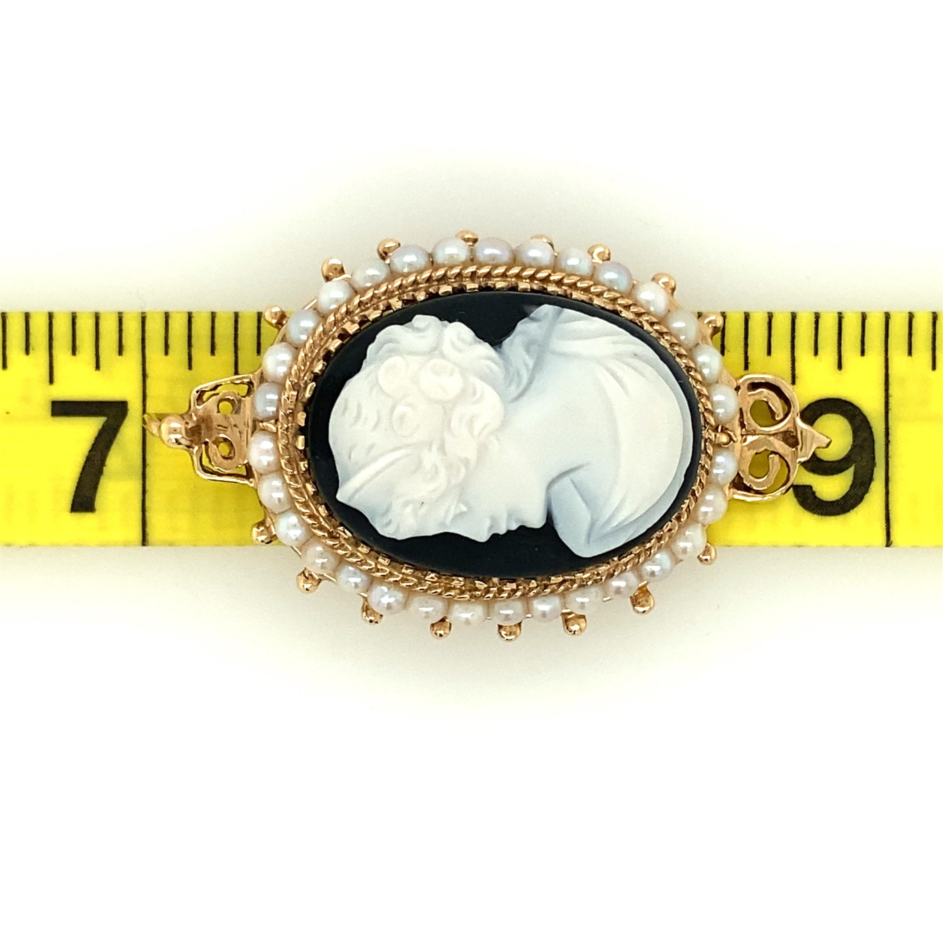 14K Yellow Gold Victorian Revival Hardstone and Pearl Cameo Brooch/Pendant 1960s 3