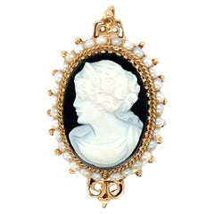 14K Yellow Gold Victorian Revival Hardstone and Pearl Cameo Brooch/Pendant 1960s