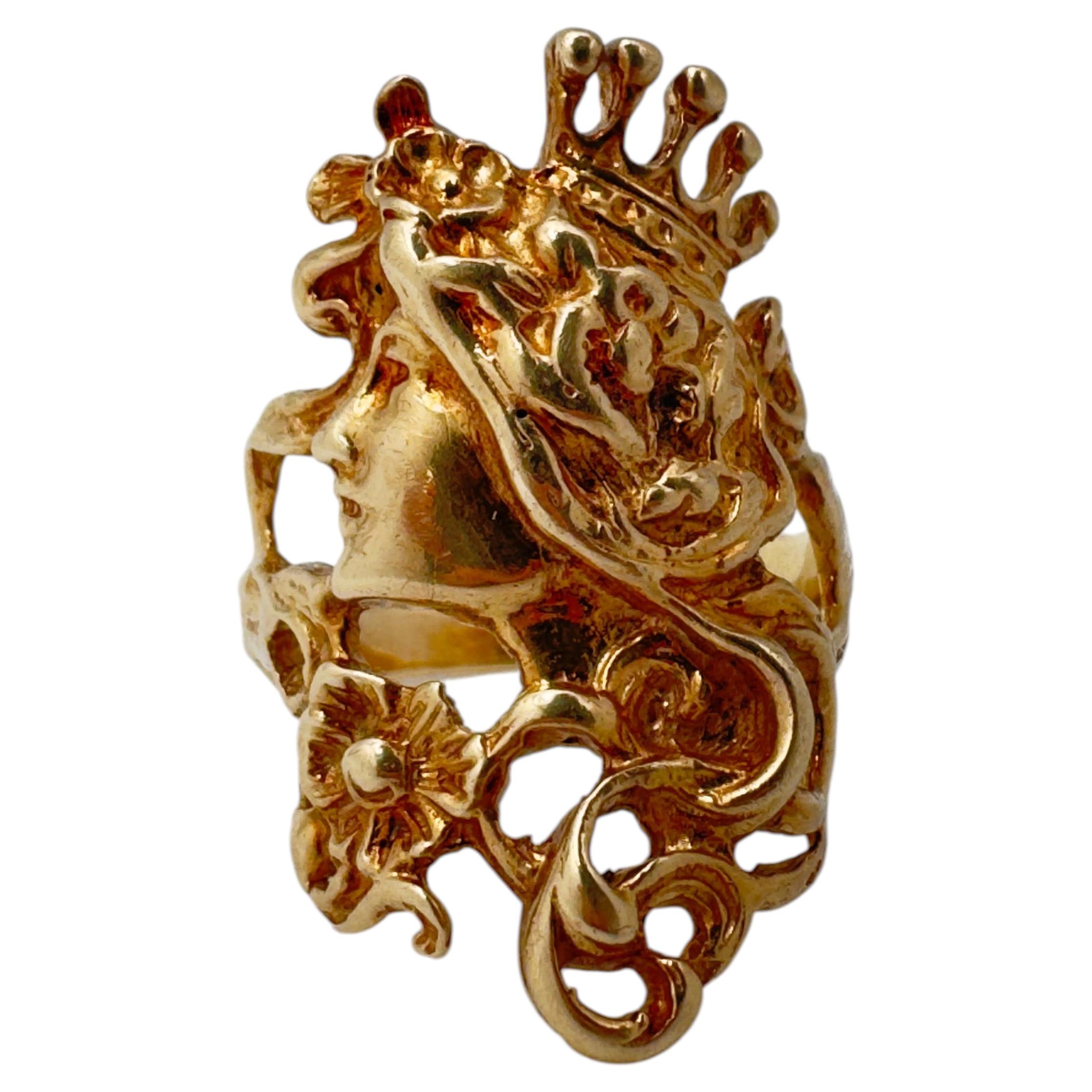 14K Yellow Gold Vintage Art Nouveau Lady Motif Fairy Crown Ring - Size 9.5