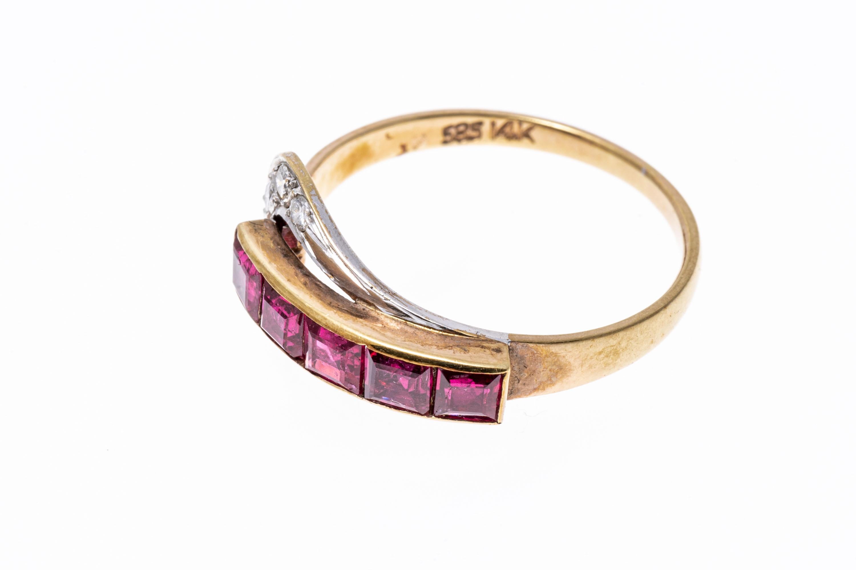 Square Cut 14k Yellow Gold Vintage Channel Ruby and Diamond Buckle Ring For Sale