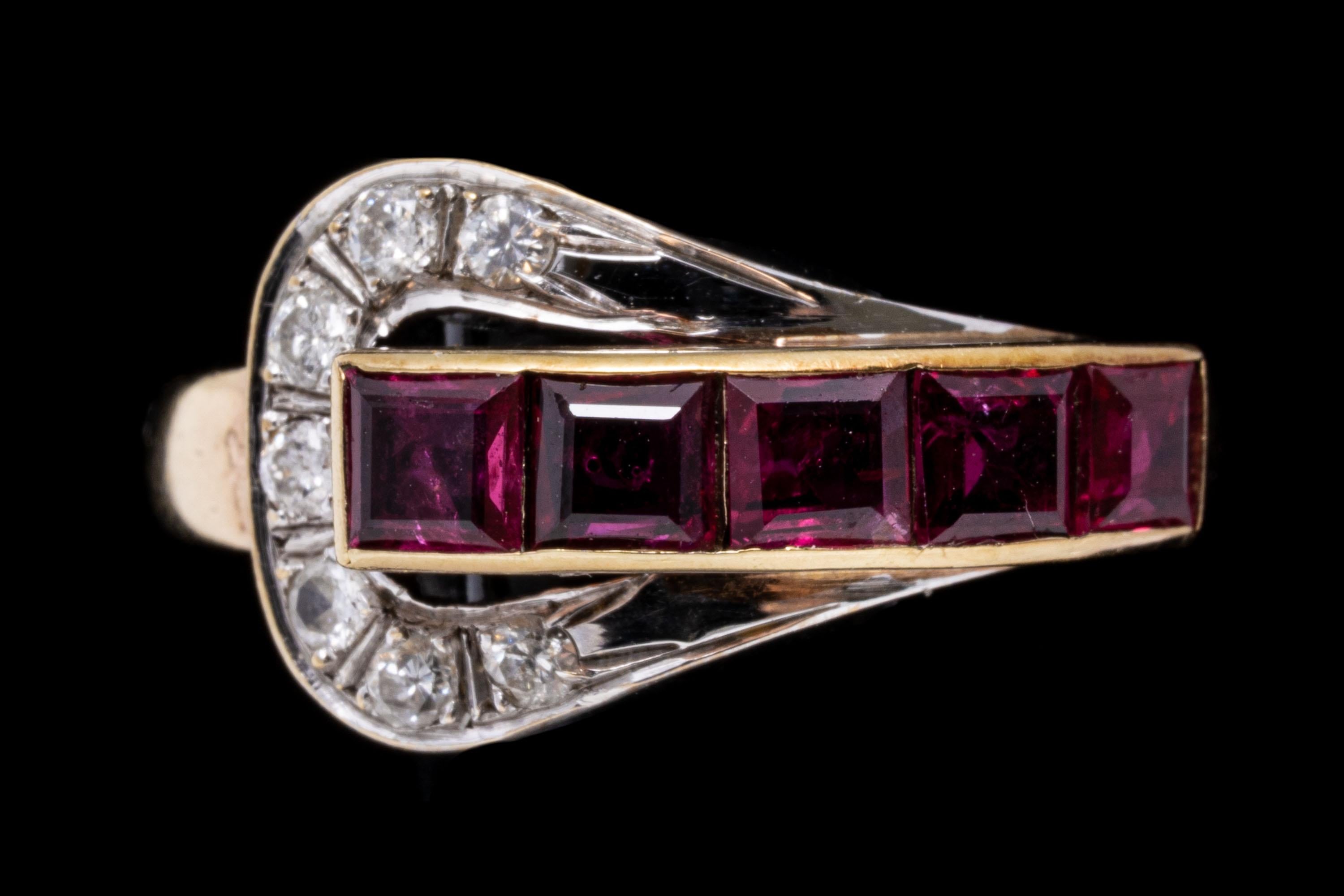 14k Yellow Gold Vintage Channel Ruby and Diamond Buckle Ring In Good Condition For Sale In Southport, CT