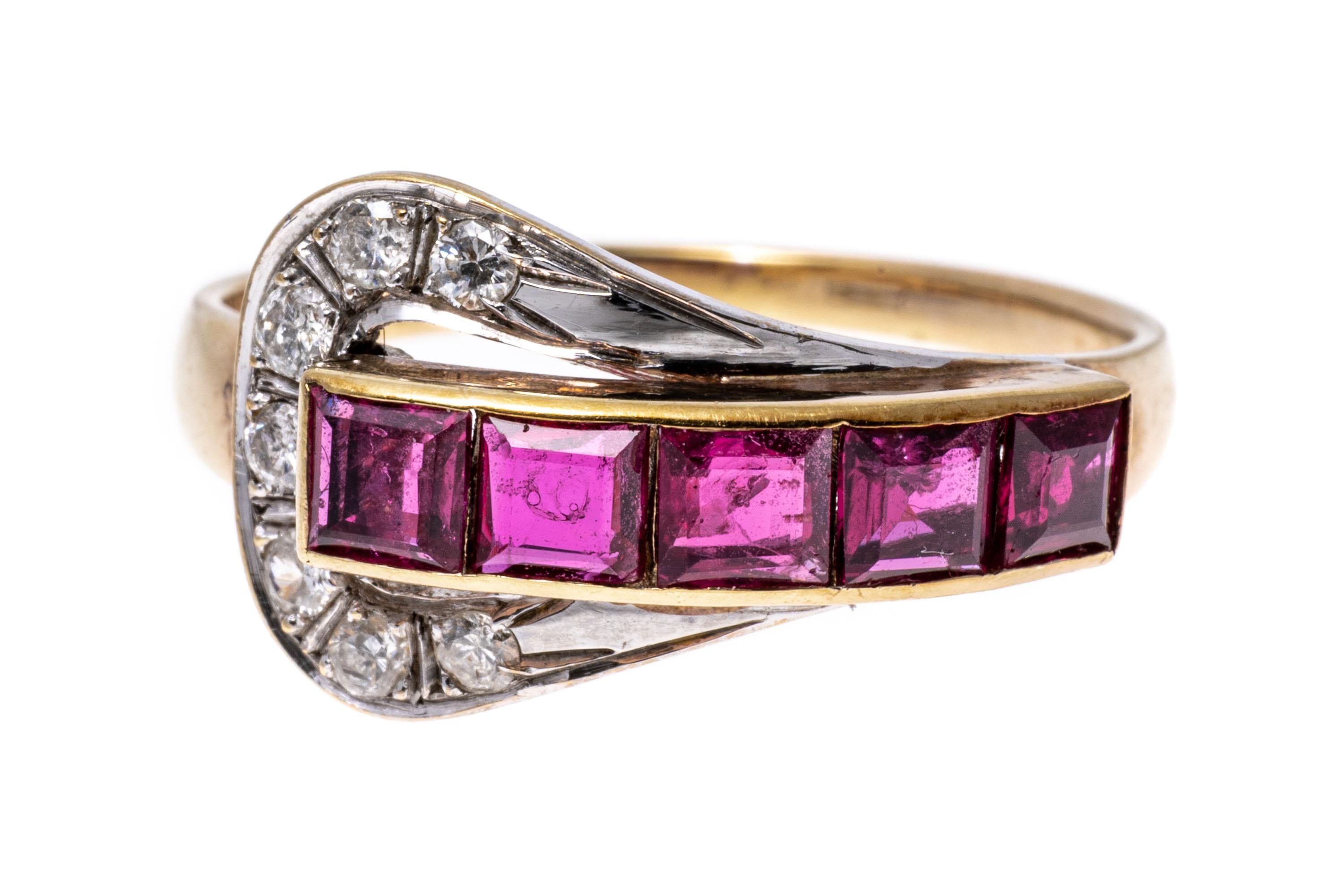 14k Yellow Gold Vintage Channel Ruby and Diamond Buckle Ring For Sale 2