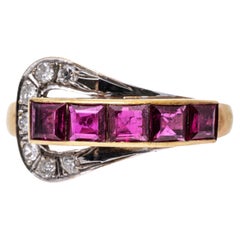14k Yellow Gold Vintage Channel Ruby and Diamond Buckle Ring