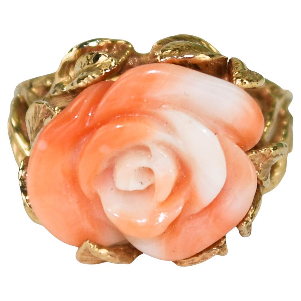 14K Yellow Gold Vintage Coral Floral Ring 6.3g