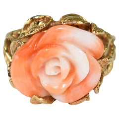 14K Yellow Gold Vintage Coral Floral Ring 6.3g
