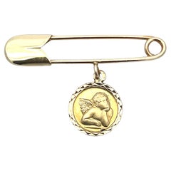 14K Or jaune Vintage Cupidon Token Safety Pin Clip Pendentif