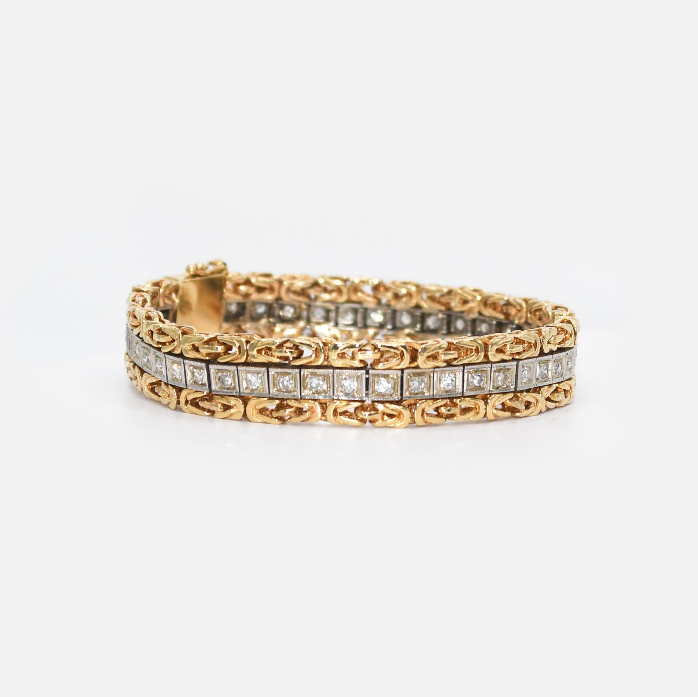 14k yellow gold and diamond bracelet.
Tests 14k with a electronic tester and weighs 29.3 grams.
The bracelet has a fancy woven link style.
The diamonds are a mix of round, single cuts and modern brilliants, 1.00 total carats, h, i, j color range, Si