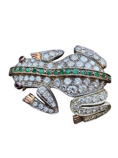 14K Yellow Gold Vintage Diamond, Emerald, and Garnet Frog Brooch/Pendant