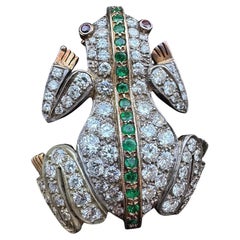 14K Yellow Gold Vintage Diamond, Emerald, and Garnet Frog Brooch/Pendant