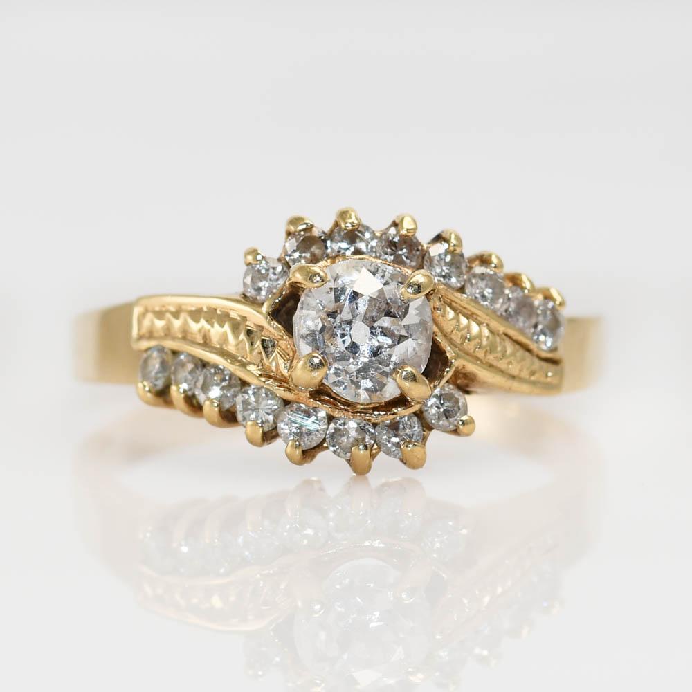 14k Yellow Gold Vintage Diamond Ring.
The center stone is a Old Mine Cut, .45ct, Clarity I1, Color G-H-I.

There is an additional .15tdw in Round Brilliant Cuts.

Stamped 14k. weighs 3.6gr

Size 7 1/2. Can be sized up or down one size for additional
