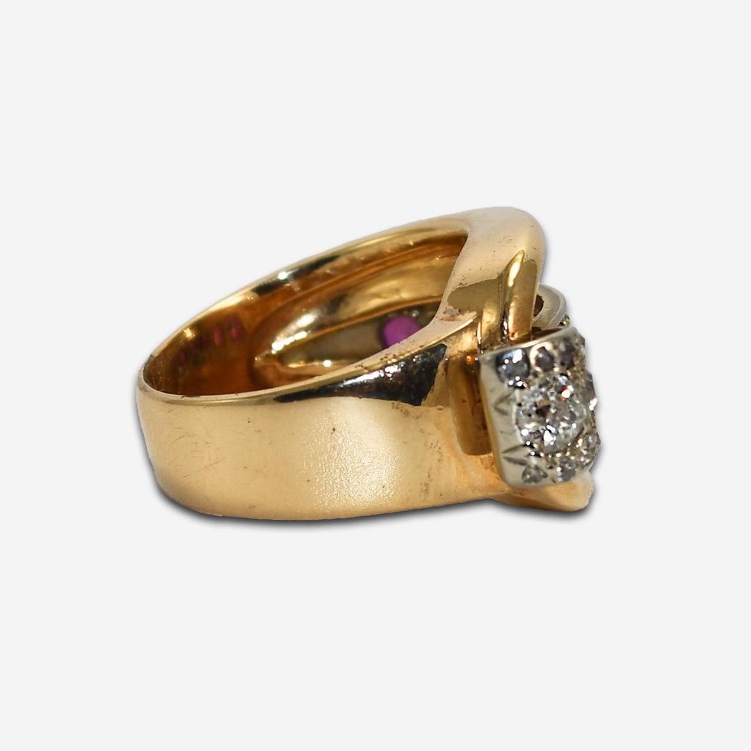 Round Cut 14K Yellow Gold Vintage Diamond & Ruby Ring For Sale