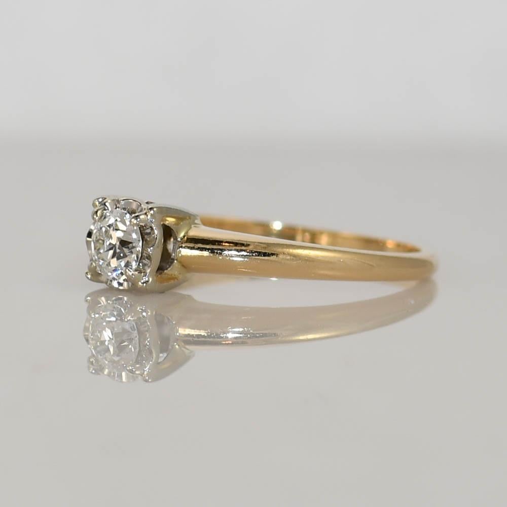 Ladies vintage diamond solitaire ring in 14k yellow gold setting.
The diamond is an old-Euro cut, .25 carats, J color, VS clarity, very good proportions.
The ring size is 6 3/4 and sized up or down one full size or less for an extra fee.
Excellent