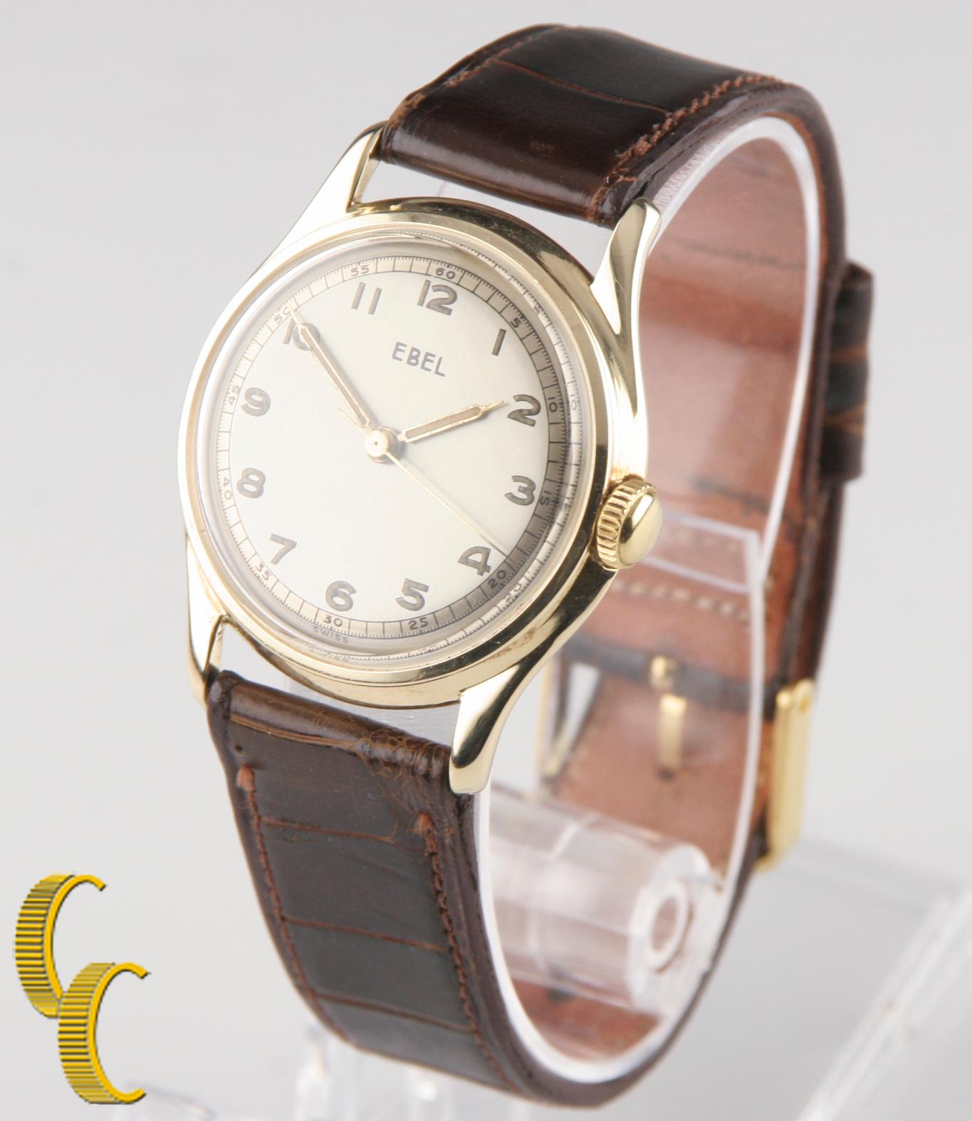 Montre Ebel vintage en or jaune 14 carats à remontage manuel avec cadran rond en cuir marron Bon état - En vente à Sherman Oaks, CA