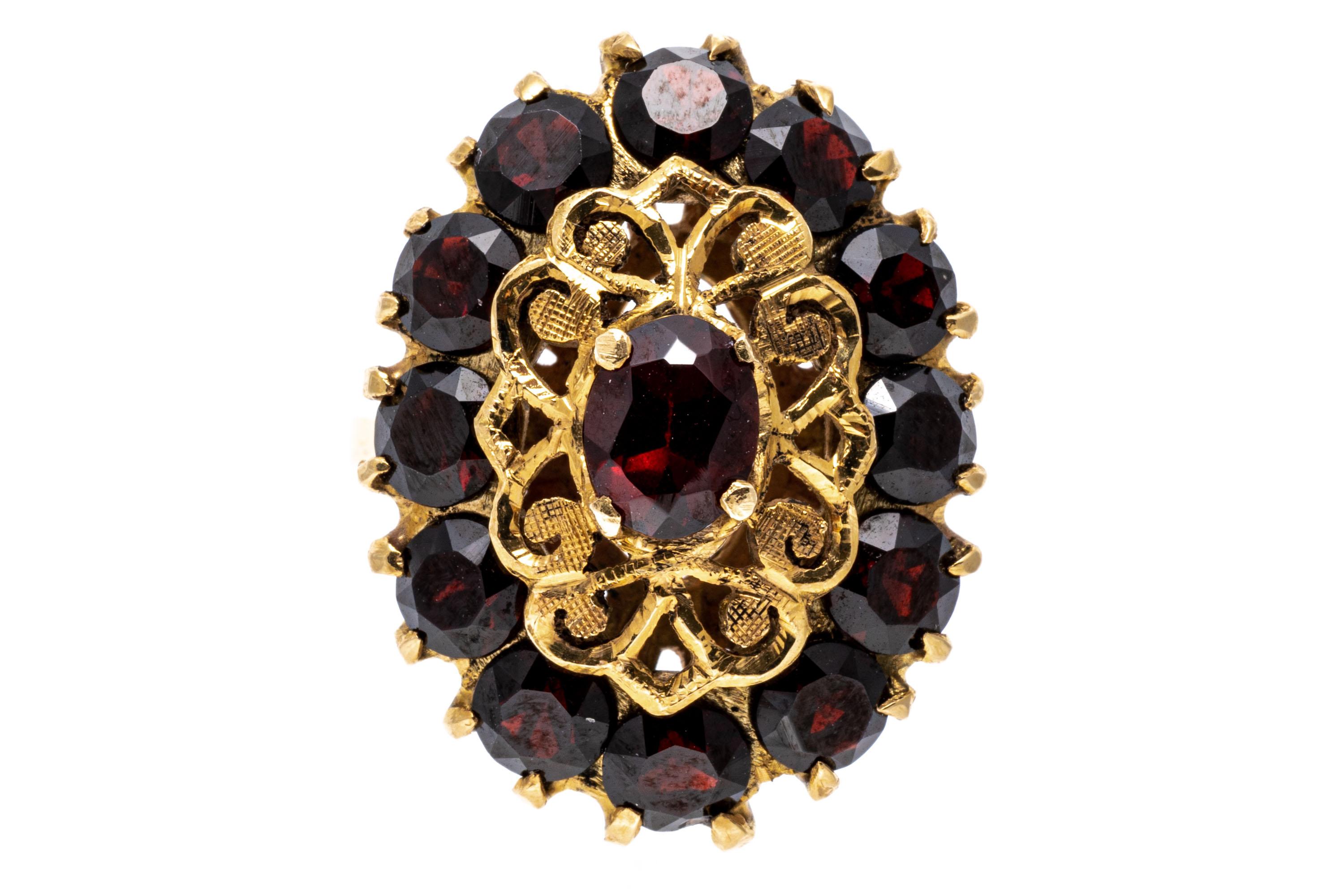 Oval Cut 14k Yellow Gold Vintage Filigree And Garnet Cluster Cocktail Ring For Sale