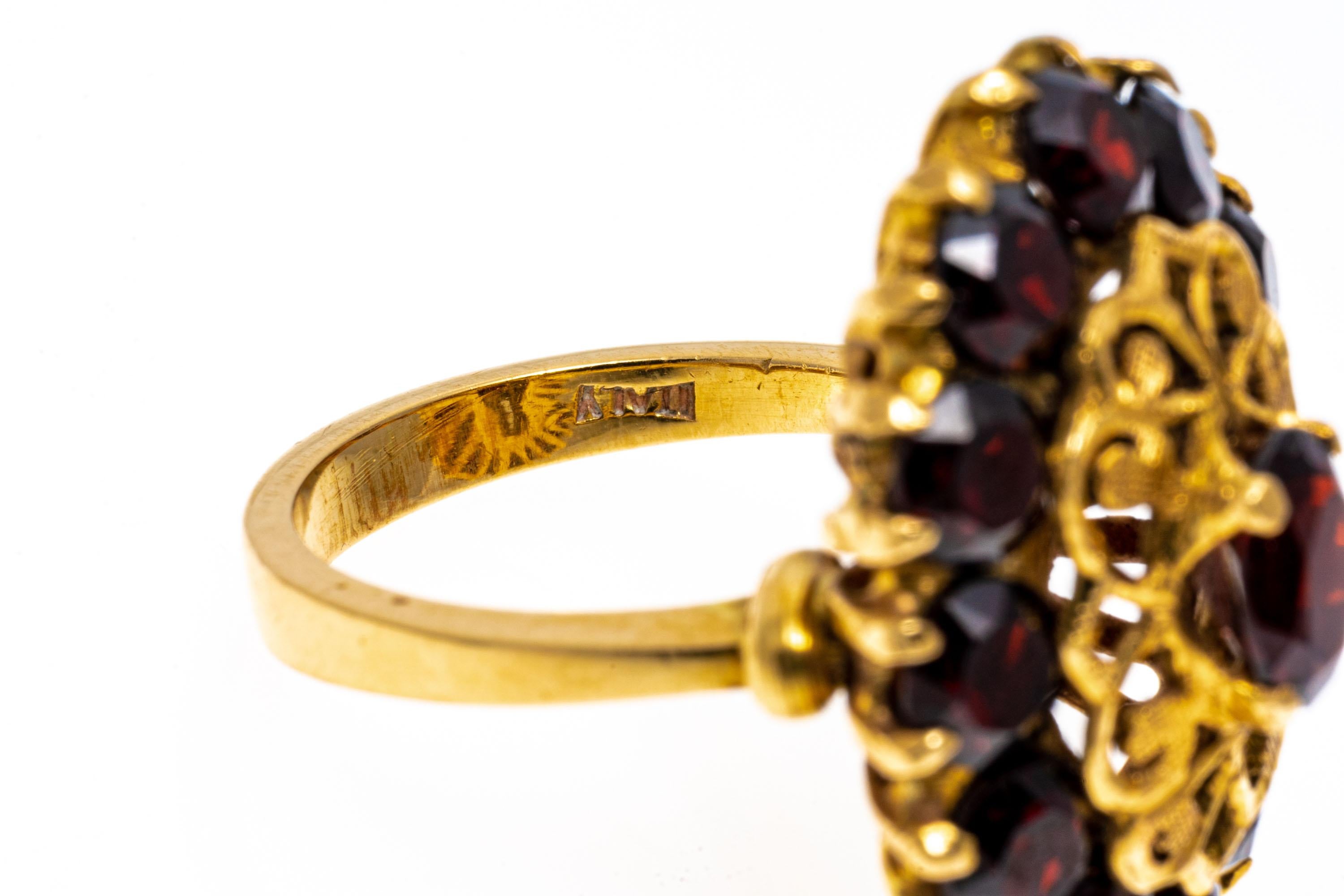 Women's 14k Yellow Gold Vintage Filigree And Garnet Cluster Cocktail Ring For Sale