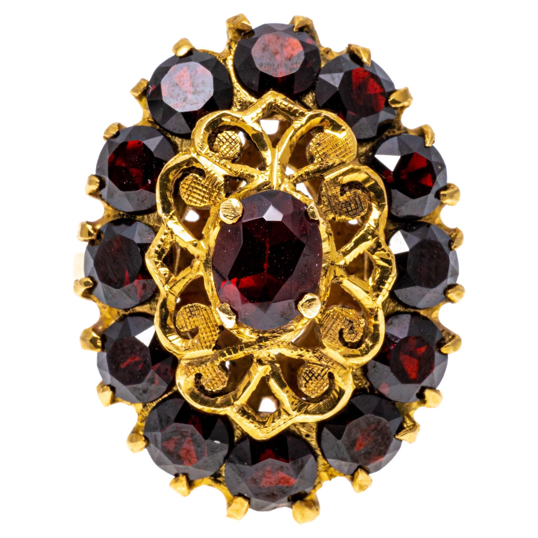 14k Yellow Gold Vintage Filigree And Garnet Cluster Cocktail Ring For Sale