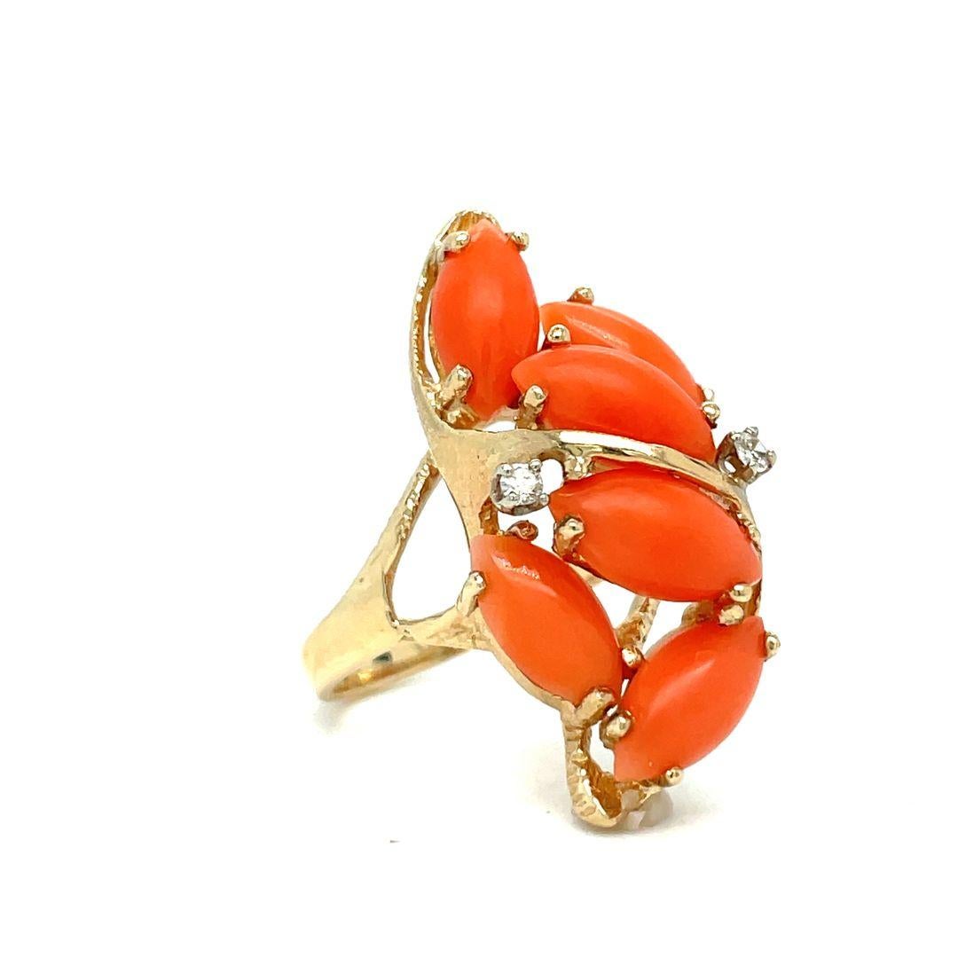 Retro 14k Yellow Gold Vintage Genuine Marquise Shape Cabochon Coral Diamond Ring  For Sale