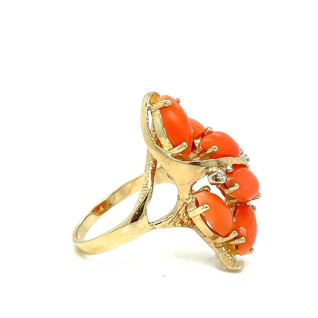 Marquise Cut 14k Yellow Gold Vintage Genuine Marquise Shape Cabochon Coral Diamond Ring  For Sale