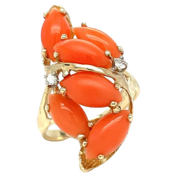 14k Yellow Gold Vintage Genuine Marquise Shape Cabochon Coral Diamond Ring  For Sale