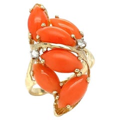 14k Yellow Gold Vintage Genuine Marquise Shape Cabochon Coral Diamond Ring 