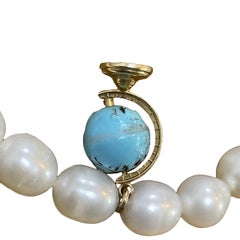 14k Yellow Gold Vintage Globe Charm Pearl Bracelet