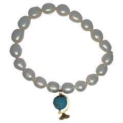 14k Yellow Gold Vintage Globe Charm Pearl Bracelet
