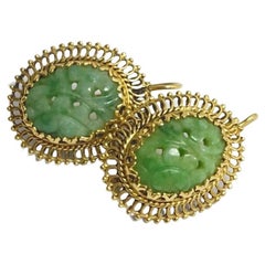 14K Yellow Gold Vintage Hand Carved Jadeite Earrings