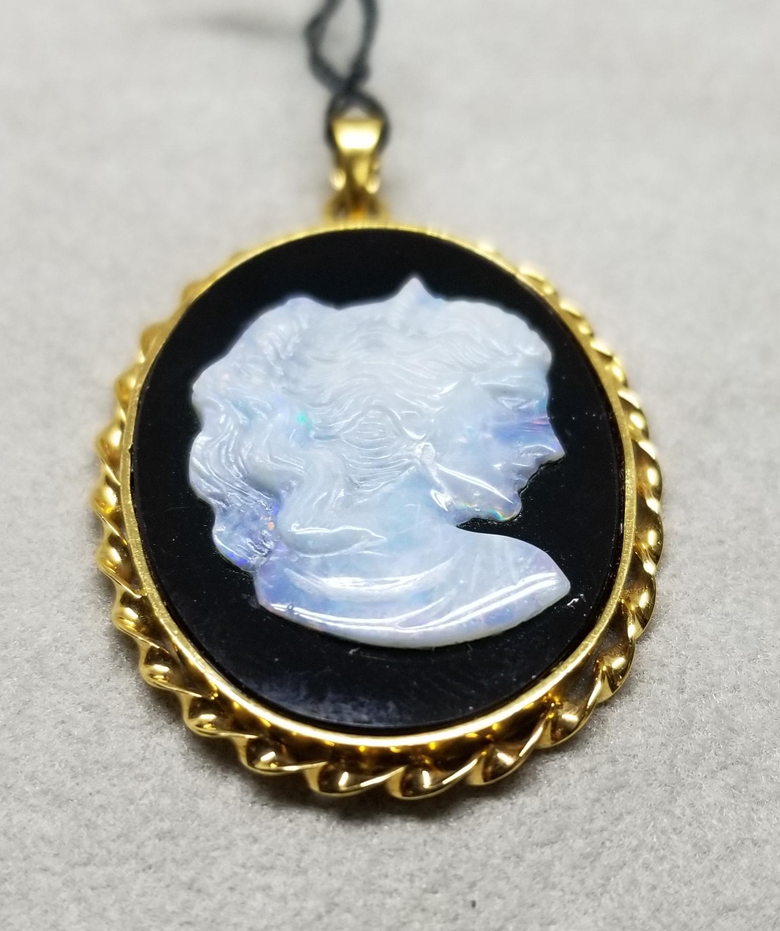 14k yellow gold vintage hand carved opal onyx cameo pendant