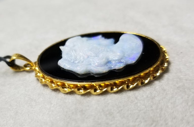 14 Karat Yellow Gold Vintage Hand Carved Opal Onyx Cameo Pendant