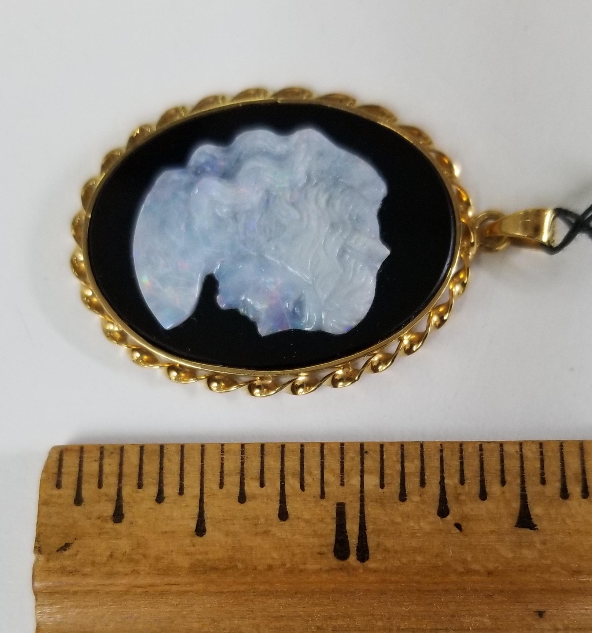 Baroque 14 Karat Yellow Gold Vintage Hand Carved Opal Onyx Cameo Pendant For Sale