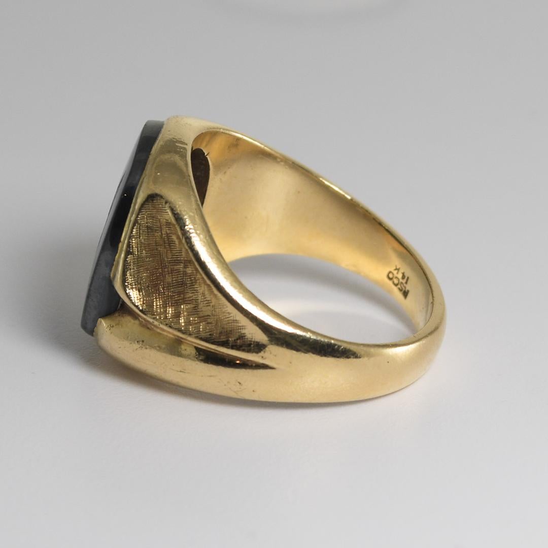 Women's or Men's 14K Yellow Gold Vintage Hematite Signet Ring