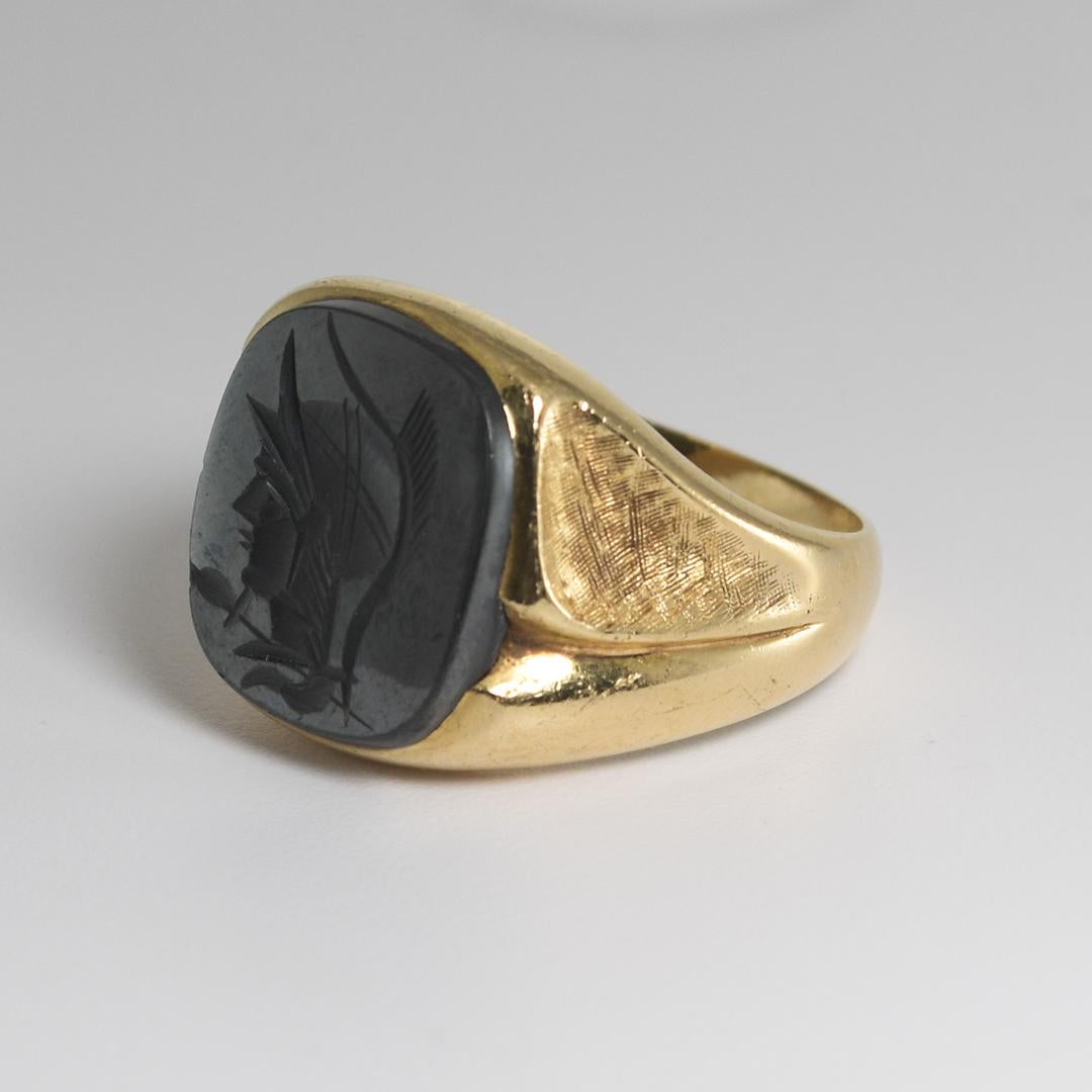 14K Yellow Gold Vintage Hematite Signet Ring 1