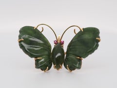 14k Yellow Gold Vintage Jade and Ruby Butterfly Brooch
