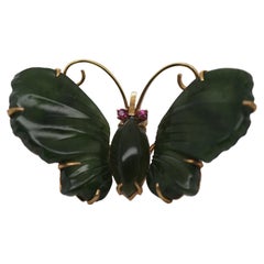 14k Yellow Gold Vintage Jade and Ruby Butterfly Brooch