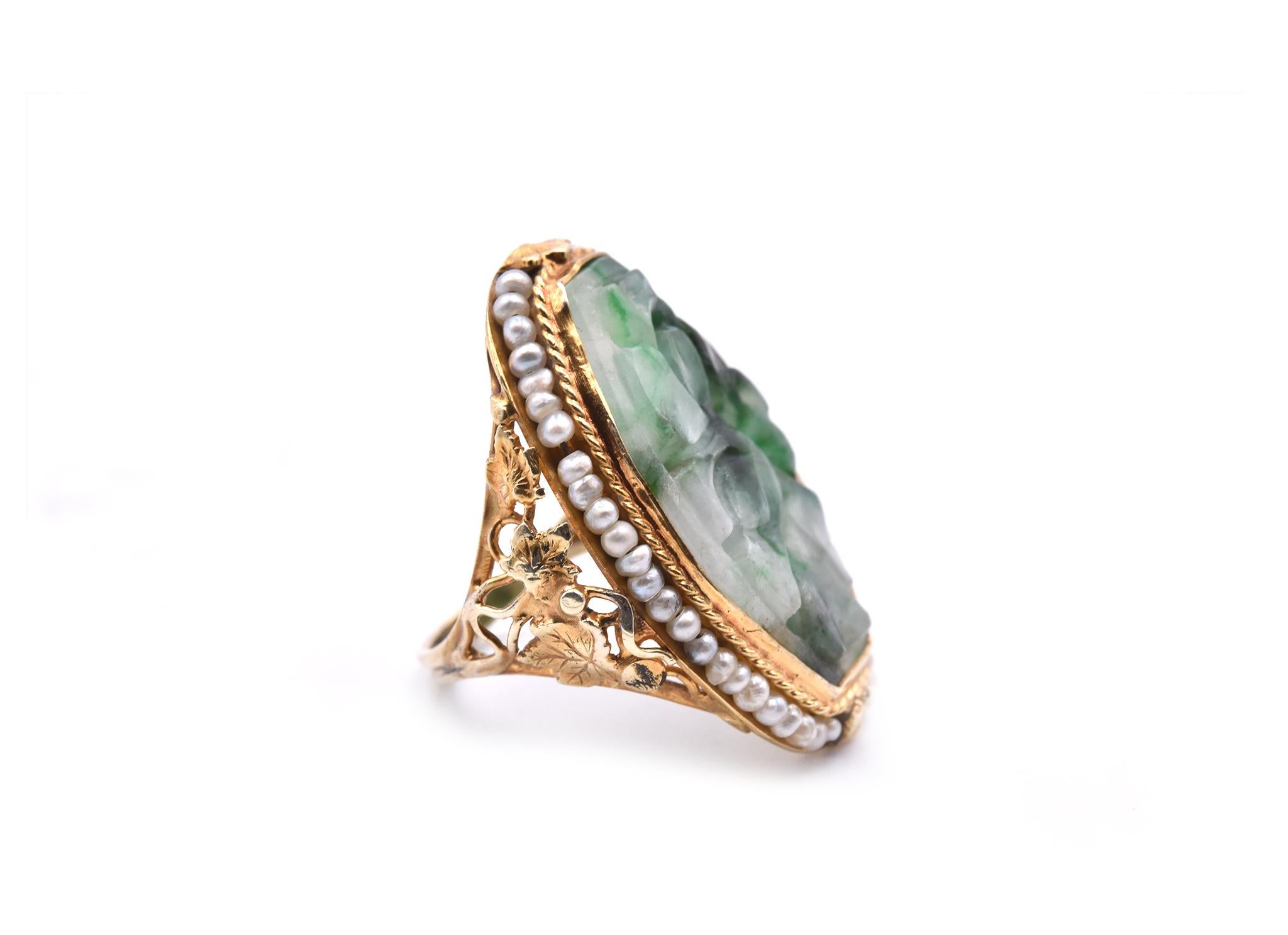 14 Karat Yellow Gold Vintage Jade and Seed Pearl Ring In Excellent Condition In Scottsdale, AZ