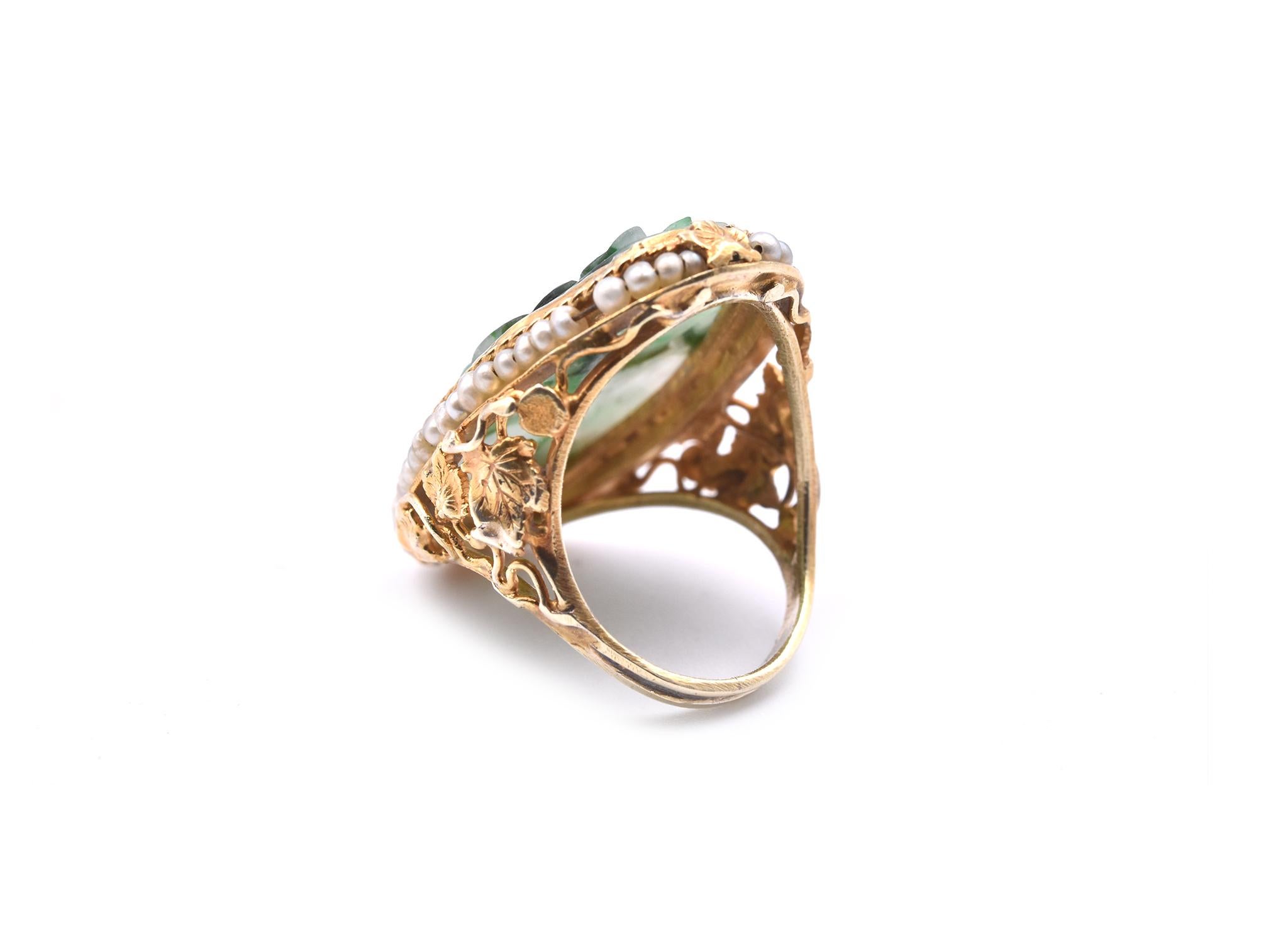 Women's or Men's 14 Karat Yellow Gold Vintage Jade and Seed Pearl Ring